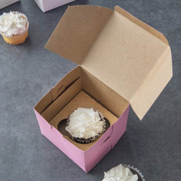 4" x 4" x 4" Pink Cupcake / Muffin Box with 1 Slot Reversible Insert - 10/Pack - Image 2